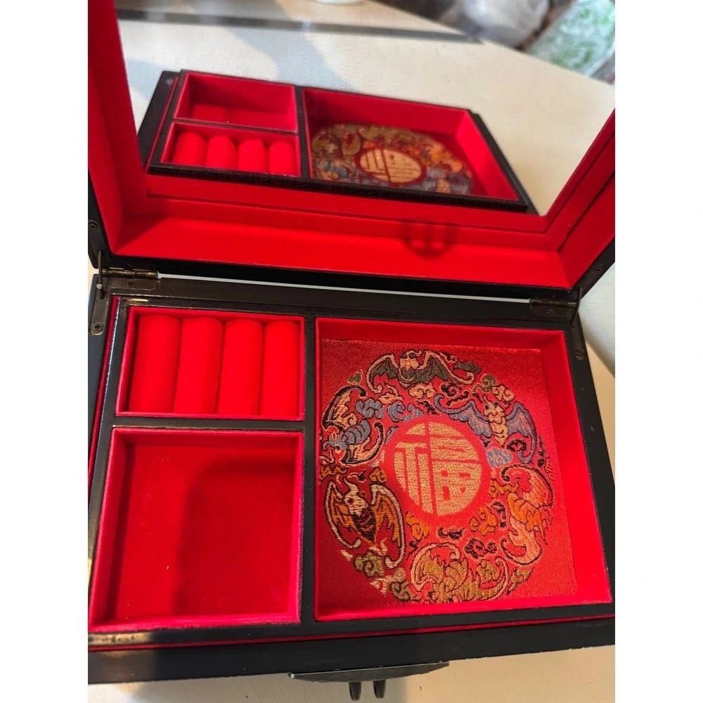 Vintage Black Lacquer Jewelry Box | Chinoiserie Banana Leaf Bird Design, Silk